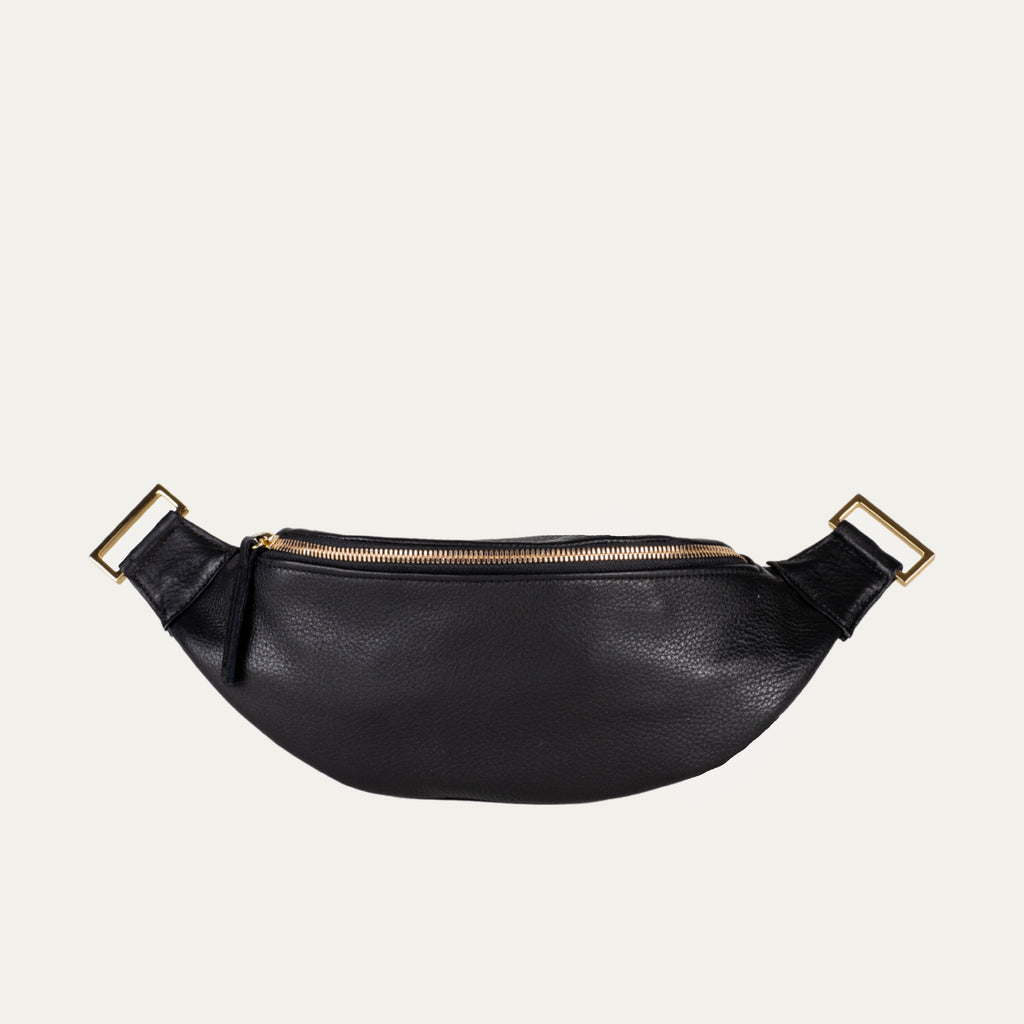 Black Leather with Gold Hardware Crossbody and Fanny Pack with Black Strap - PaulyJen