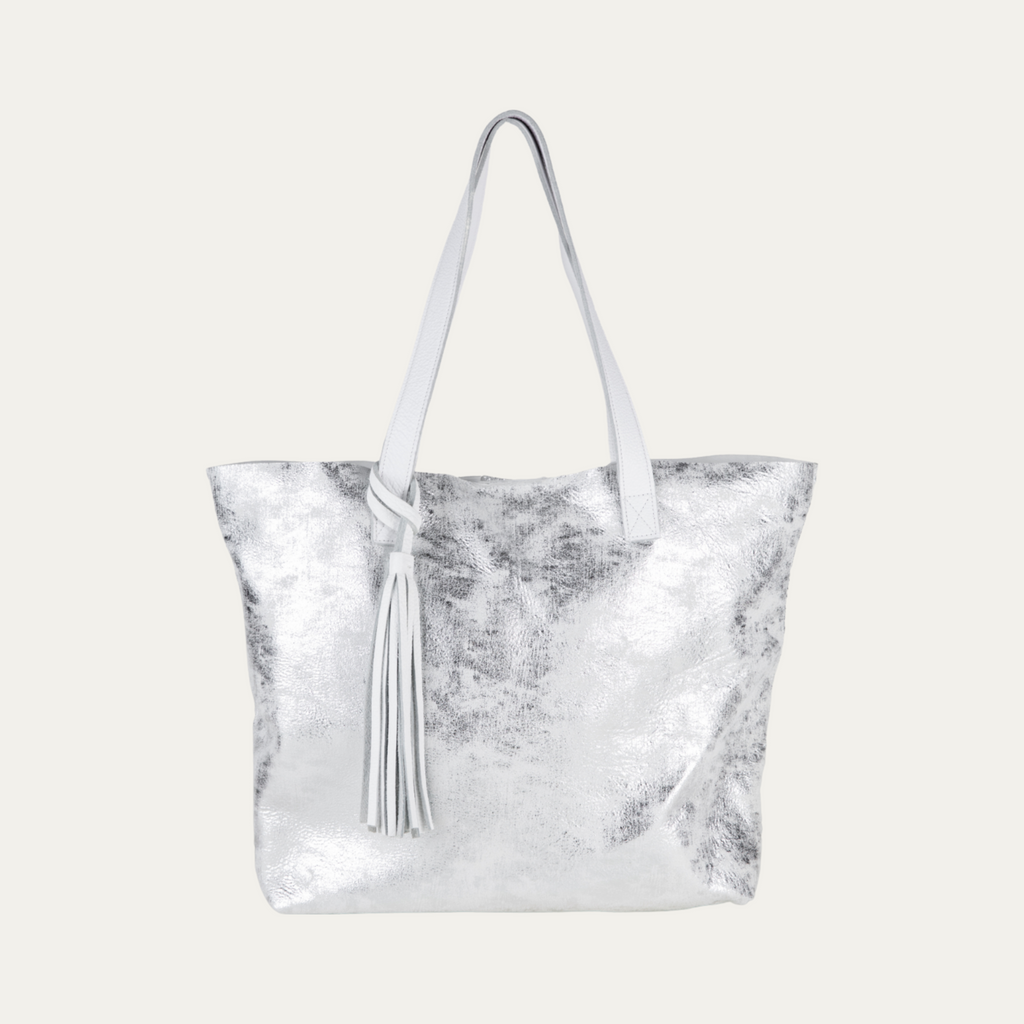 White and Silver Metallic New York Tote Bag- White Strap - PaulyJen