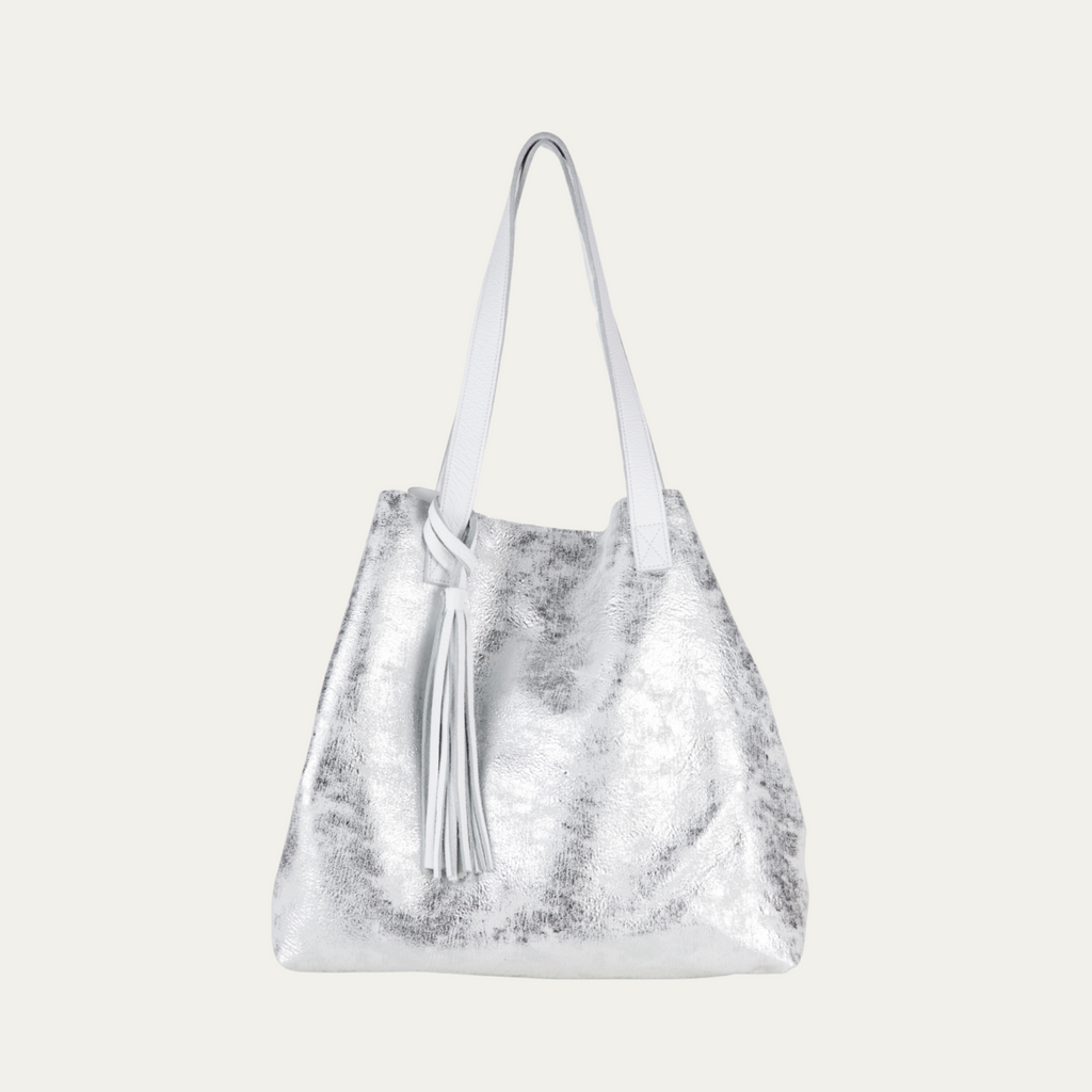 White and Silver Metallic New York Tote Bag- White Strap - PaulyJen