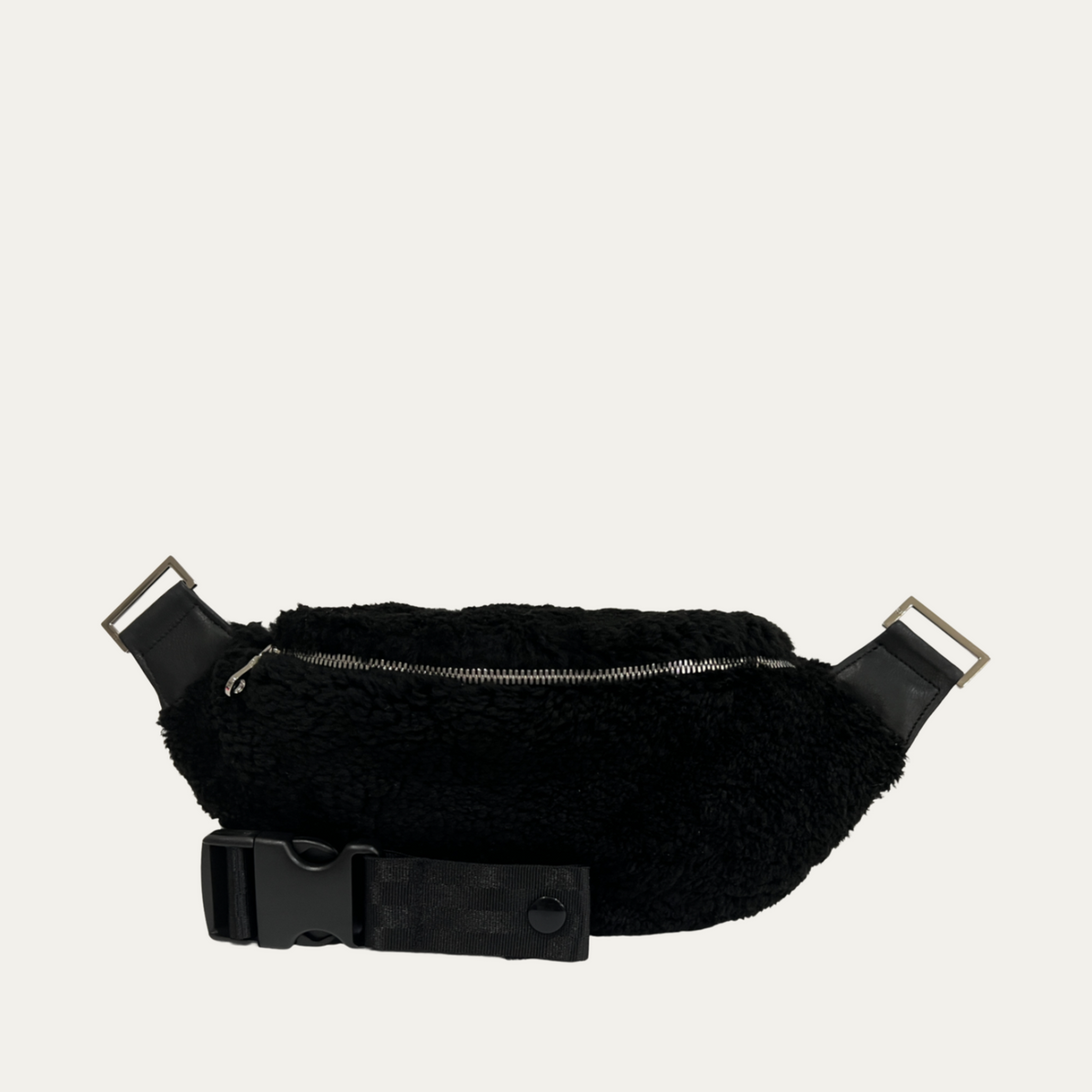 Black Shearling & Black Leather with Silver Zipper Crossbody/Fanny Pack - PaulyJen