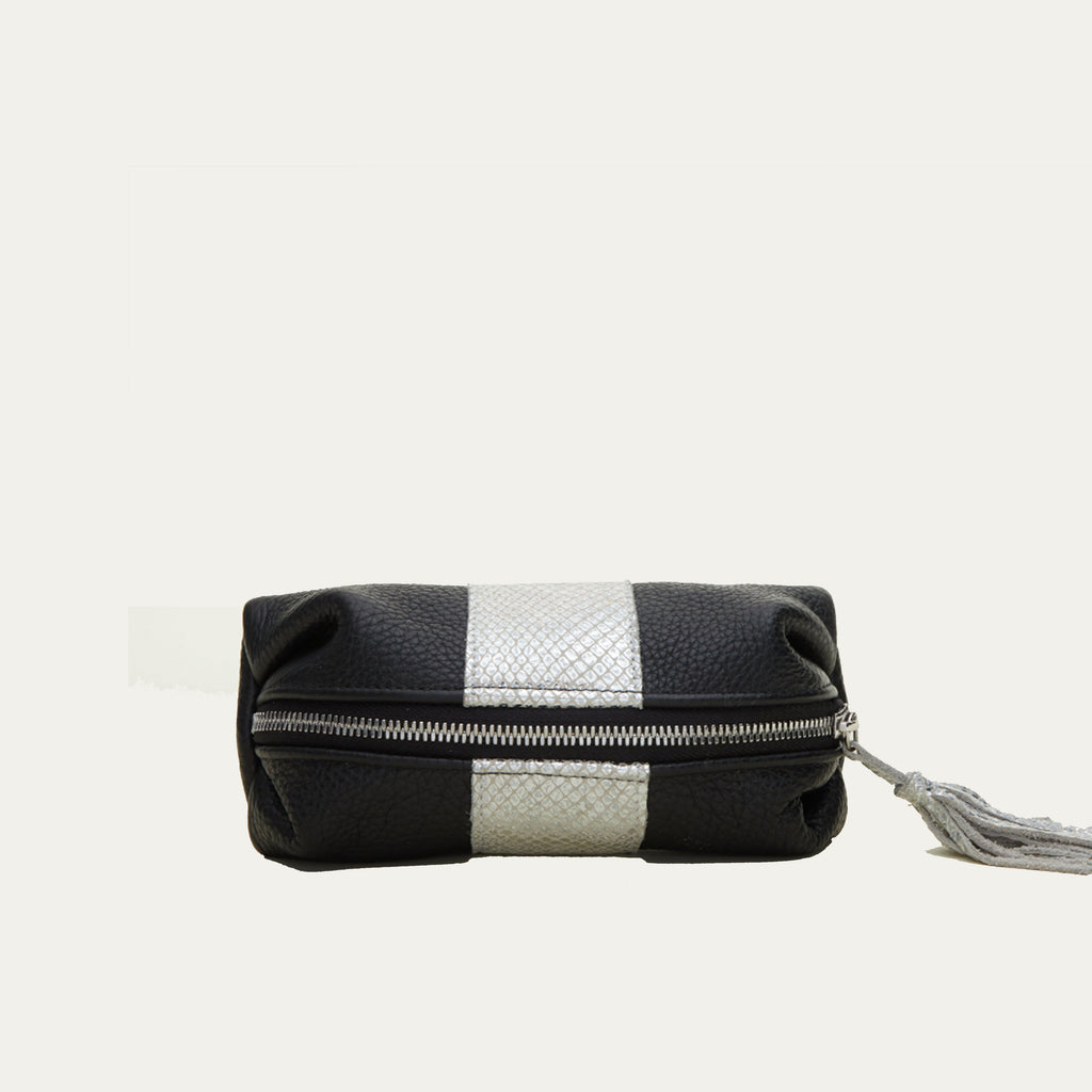 Mini Cosmetic Pouch | Black + Silver Stripe "The Charlize" - PaulyJen