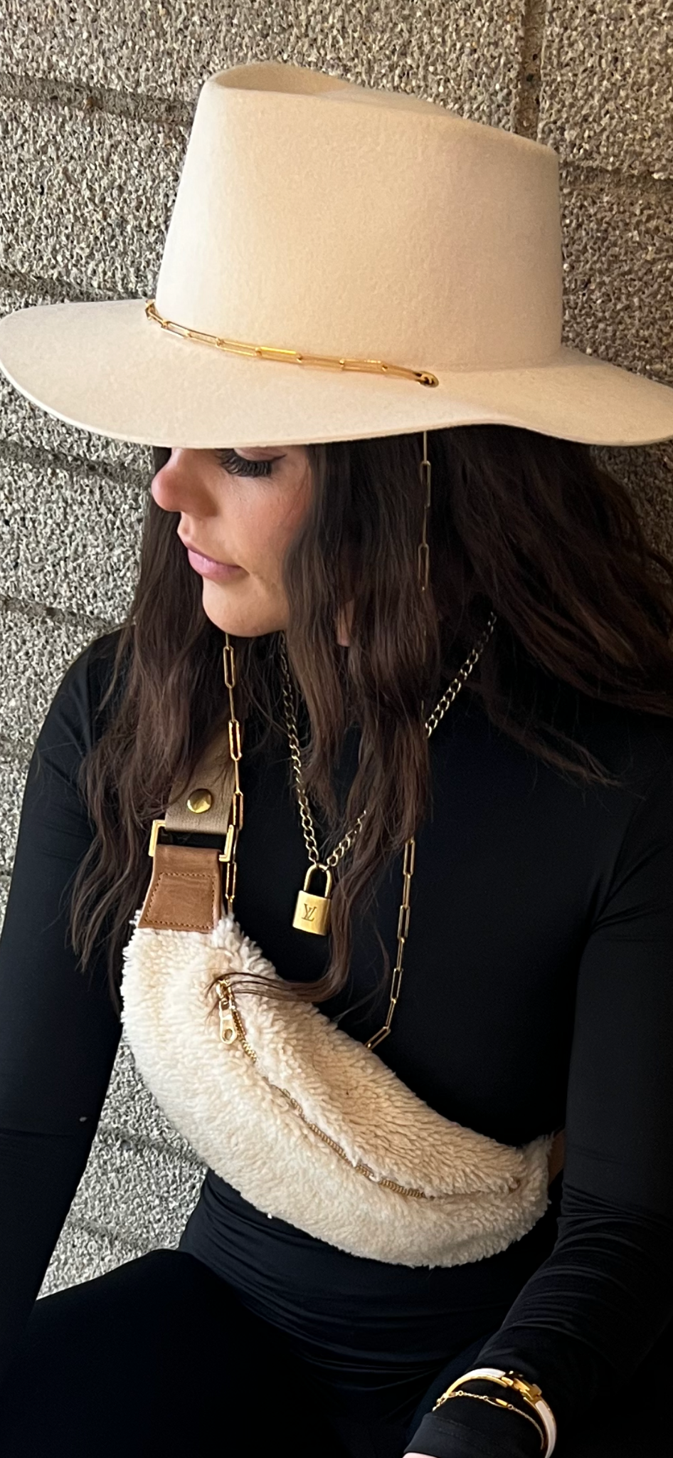 Bone Shearling & Cognac Leather with Gold Zipper Crossbody/Fanny Pack - PaulyJen