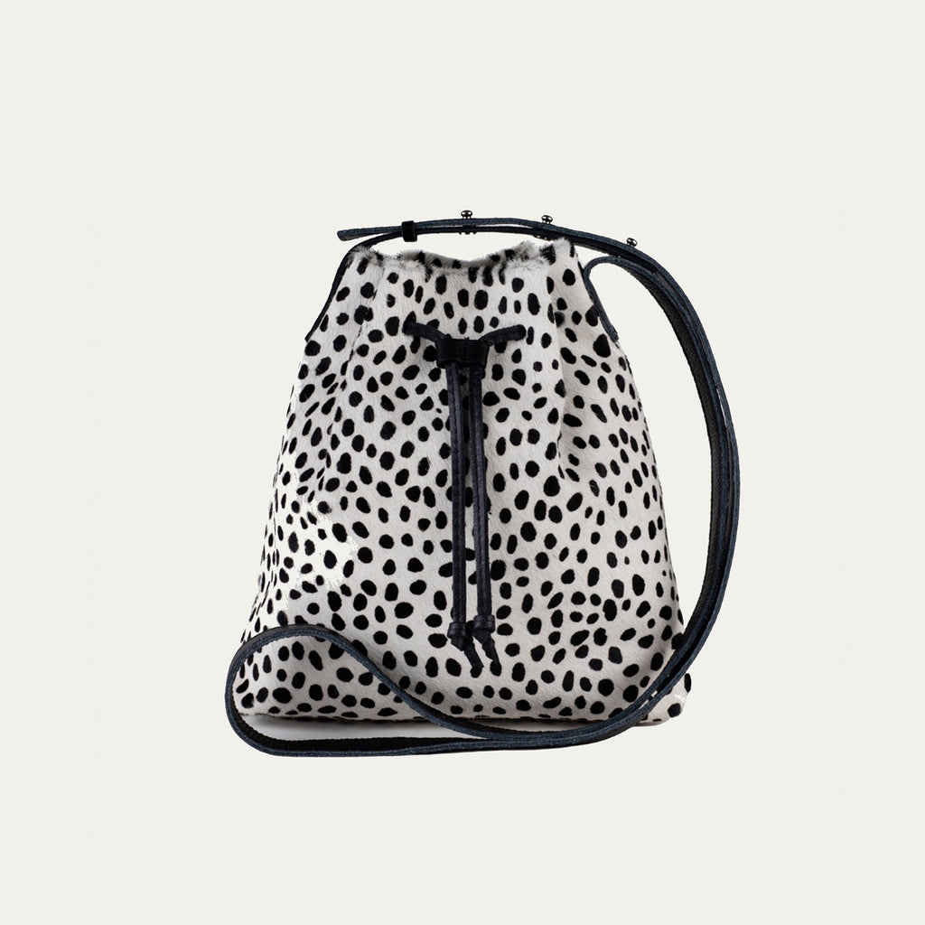 Black and White Cheetah Leather with Silver Hardware Mini Crossbody Tote