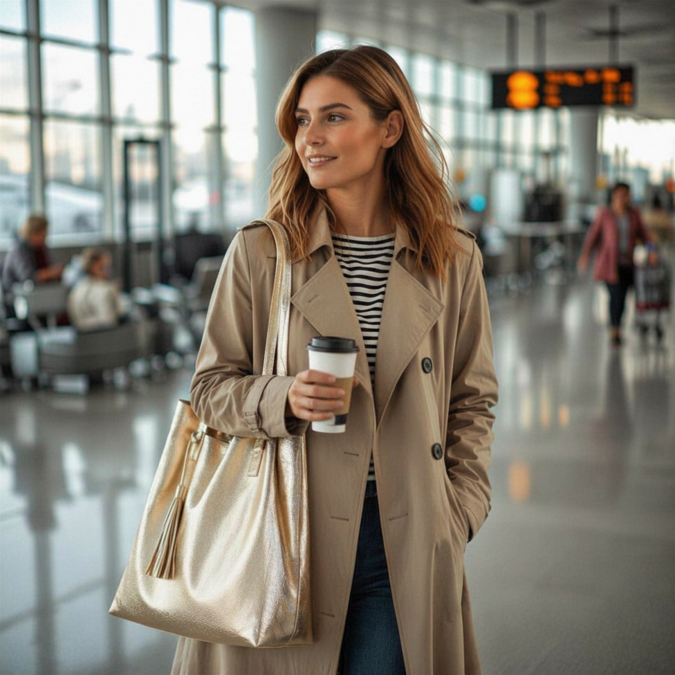 Stylish woman in a beige trench coat carrying a champagne gold leather tote bag on her shoulder in a bright airport setting