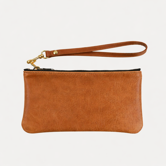 Pauly Phone Pouch With Strap | Distressed Cognac Leather + Gold Hardware - PaulyJen