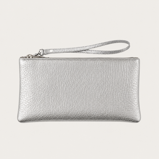 Pauly Phone Pouch with Strap | Silver Metallic Leather + Silver Hardware