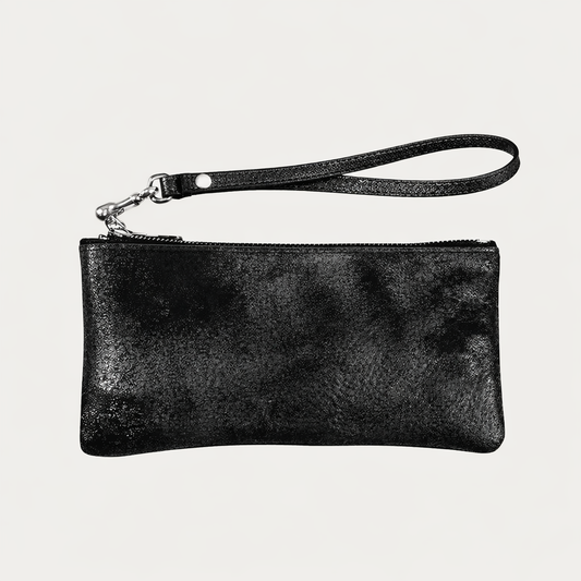 Pauly Phone Pouch With Strap | Black Metallic Leather + Silver Hardware - PaulyJen