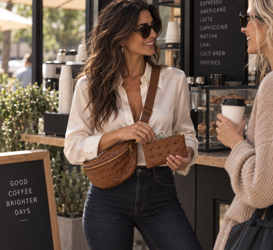 Hands-free Travel Crossbody + Fanny Pack Bag | Cognac Pyramid + Gold Hardware
