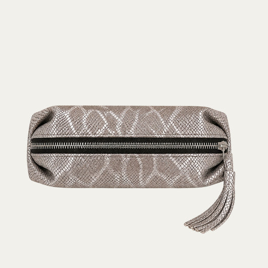 Large Cosmetic Brush Bag | Italian Leather Pouch | Taupe Silver Snake