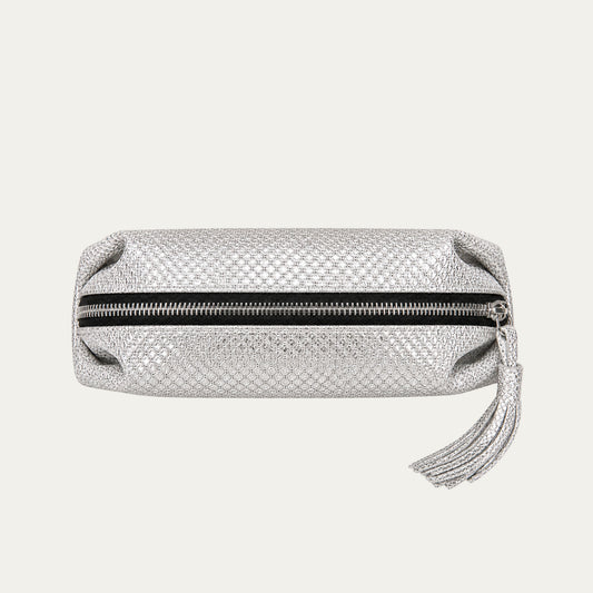 Large Cosmetic Brush Bag | Italian Leather Pouch | Shimmery Silver
