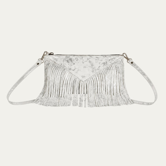 Crossbody Fringe Clutch | White Silver Metallic