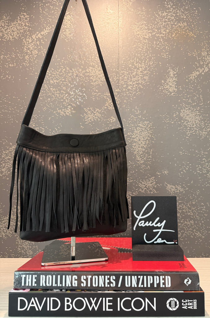 Mini Crossbody Tote with Fringe On Front | Black Leather