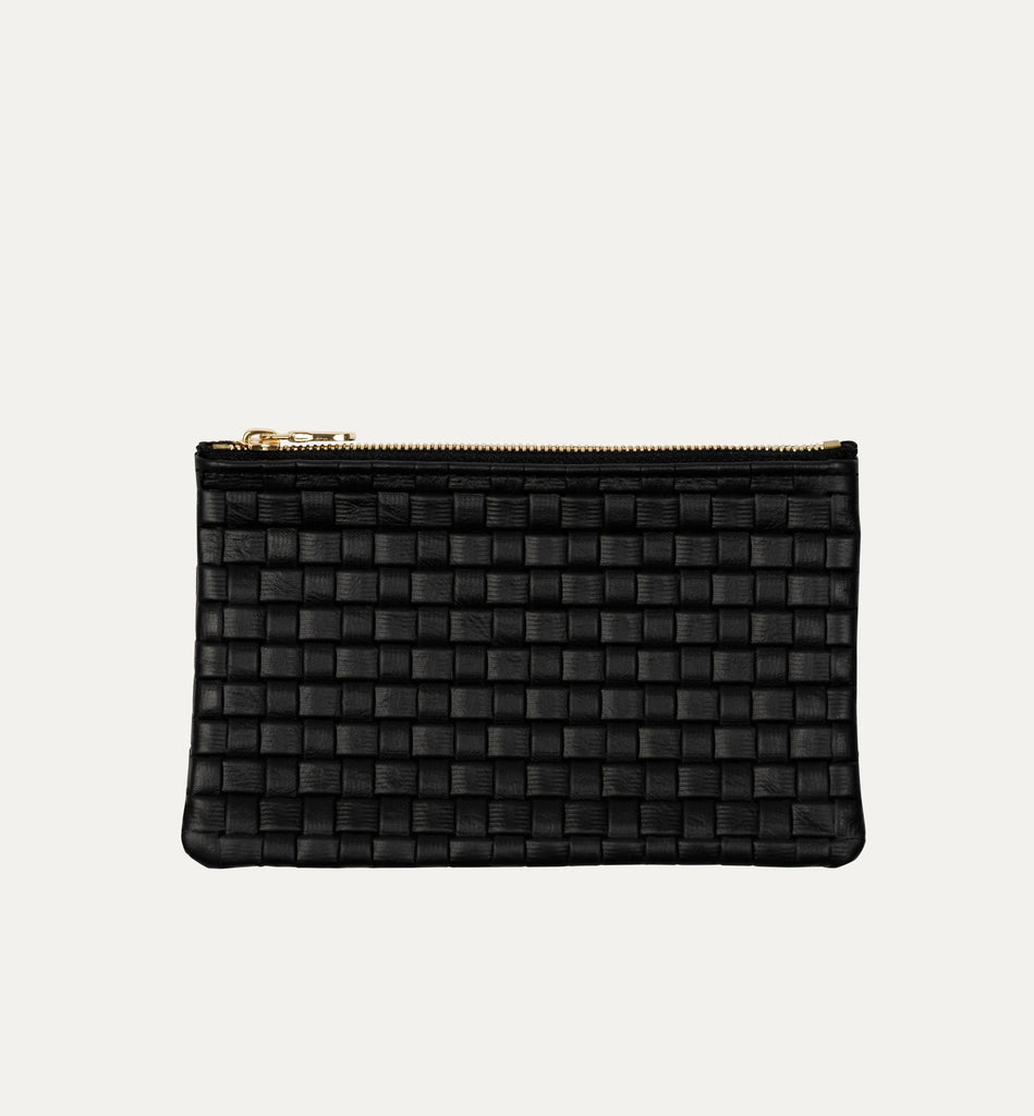 Pauly Pouch Organizer | Black Woven Leather + Gold Hardware