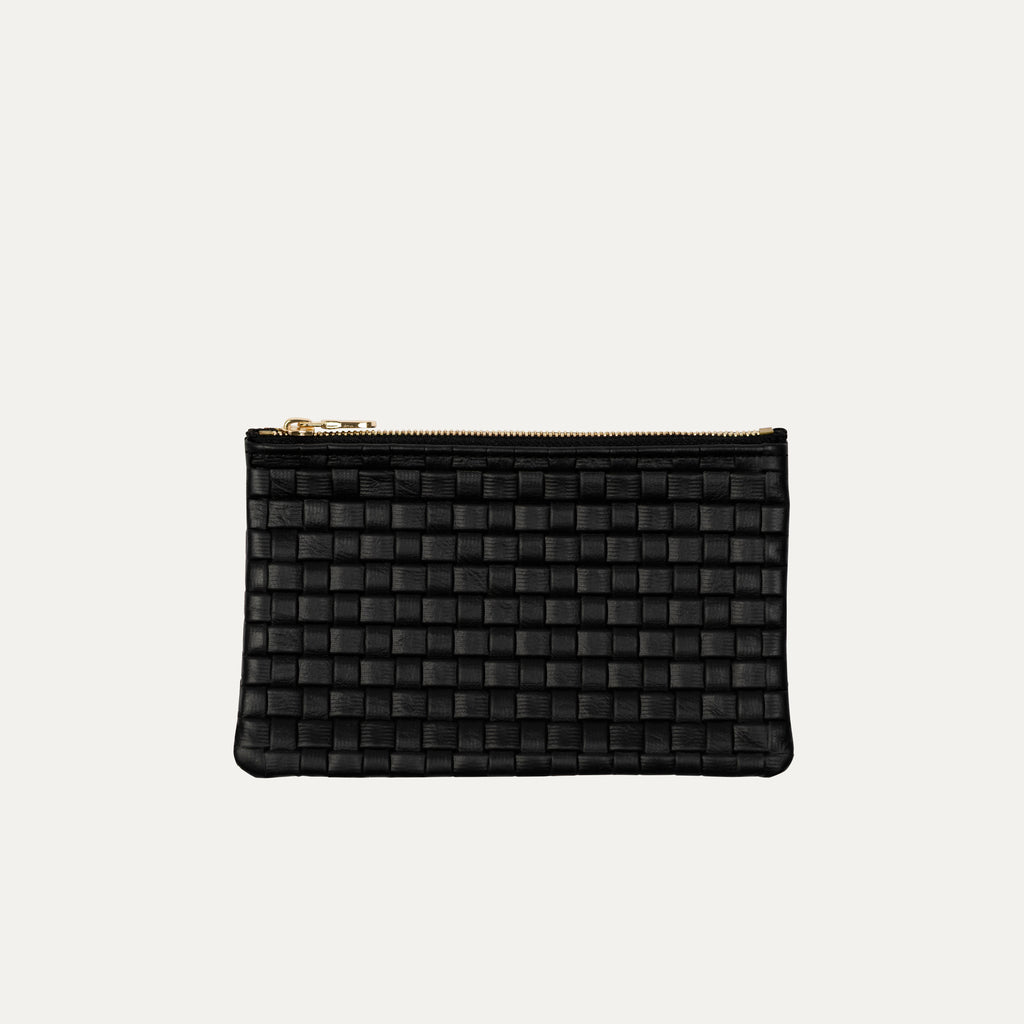 Pauly Pouch Organizer | Black Woven Leather + Gold Hardware