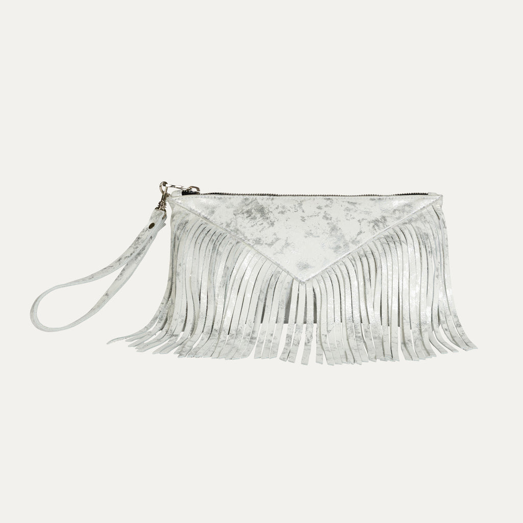 Fringe Clutch with Wristlet|White Silver Metallic - PaulyJen