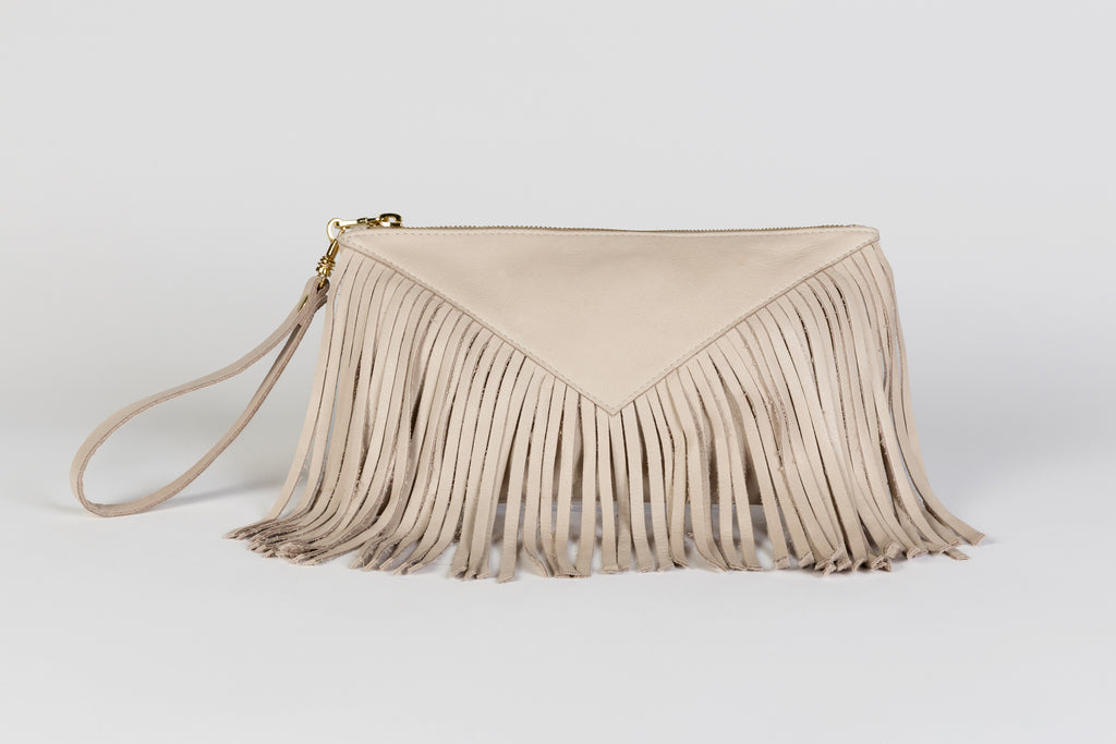 Fringe Clutch with Wristlet|Bone