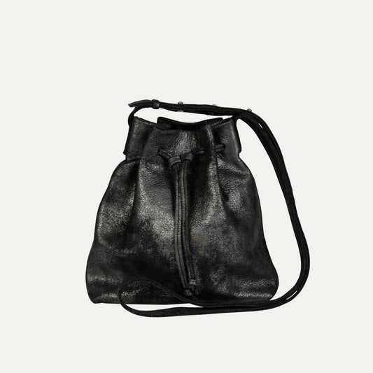Mini Crossbody Tote | Black Metallic Leather + Silver Hardware - PaulyJen
