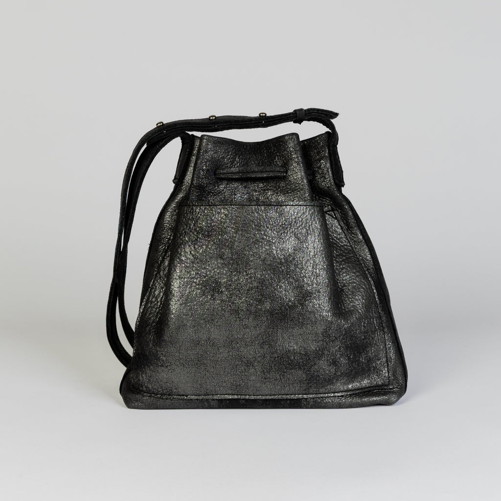Mini Crossbody Tote | Black Metallic Leather + Silver Hardware - PaulyJen
