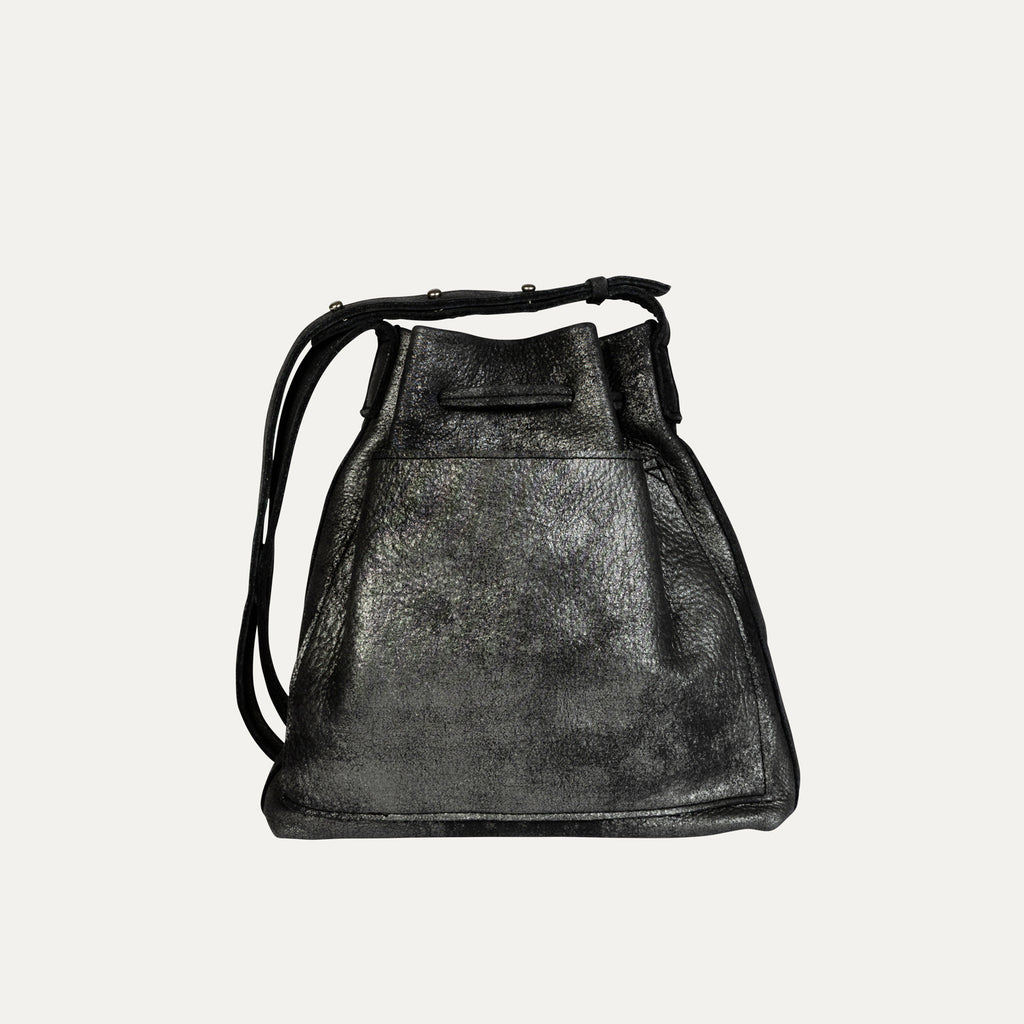 Mini Crossbody Tote | Black Metallic Leather + Silver Hardware - PaulyJen