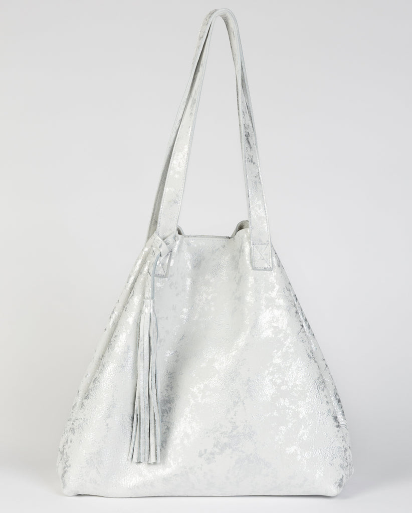 Tote Bag | White Silver Metallic Leather