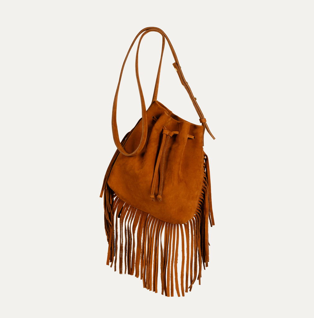 Mini Crossbody Tote with Fringe (3 Sided) | Cognac Suede Leather - PaulyJen