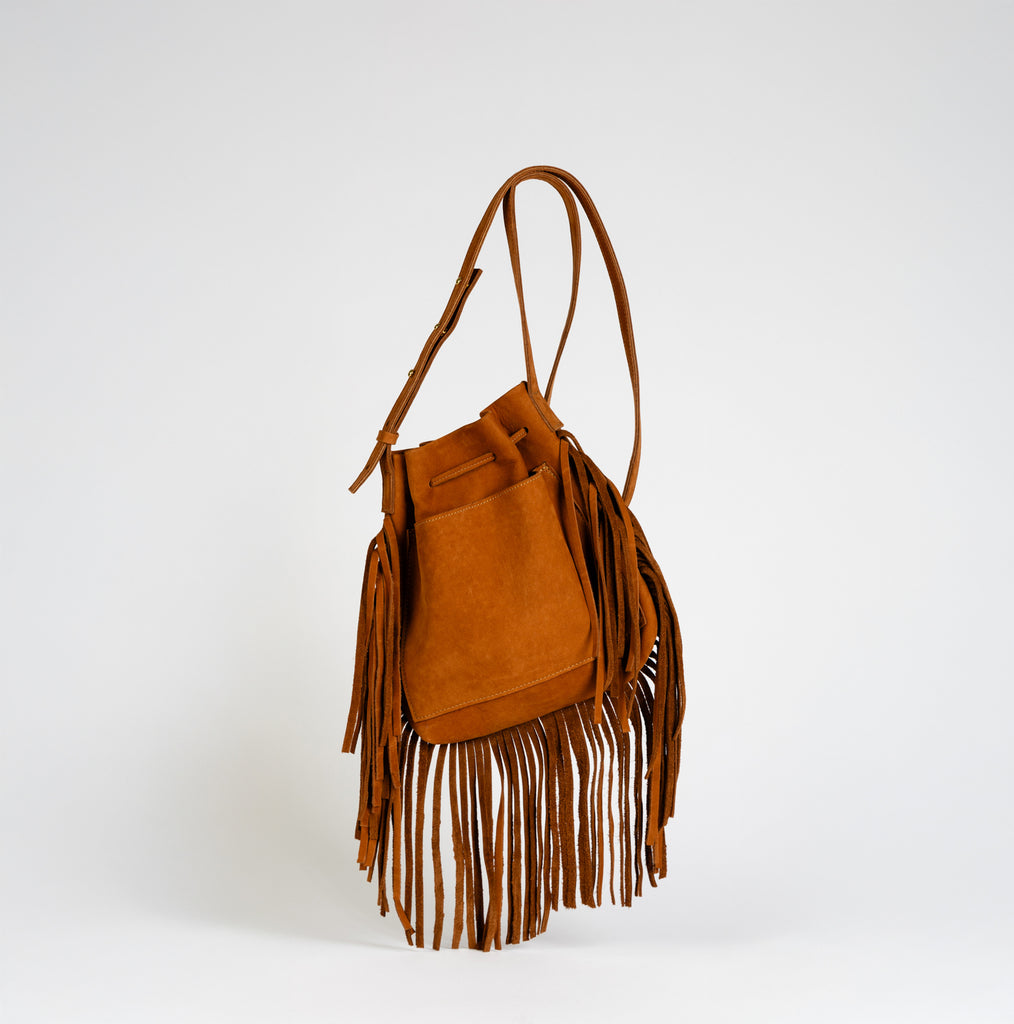 Mini Crossbody Tote with Fringe (3 Sided) | Cognac Suede Leather - PaulyJen