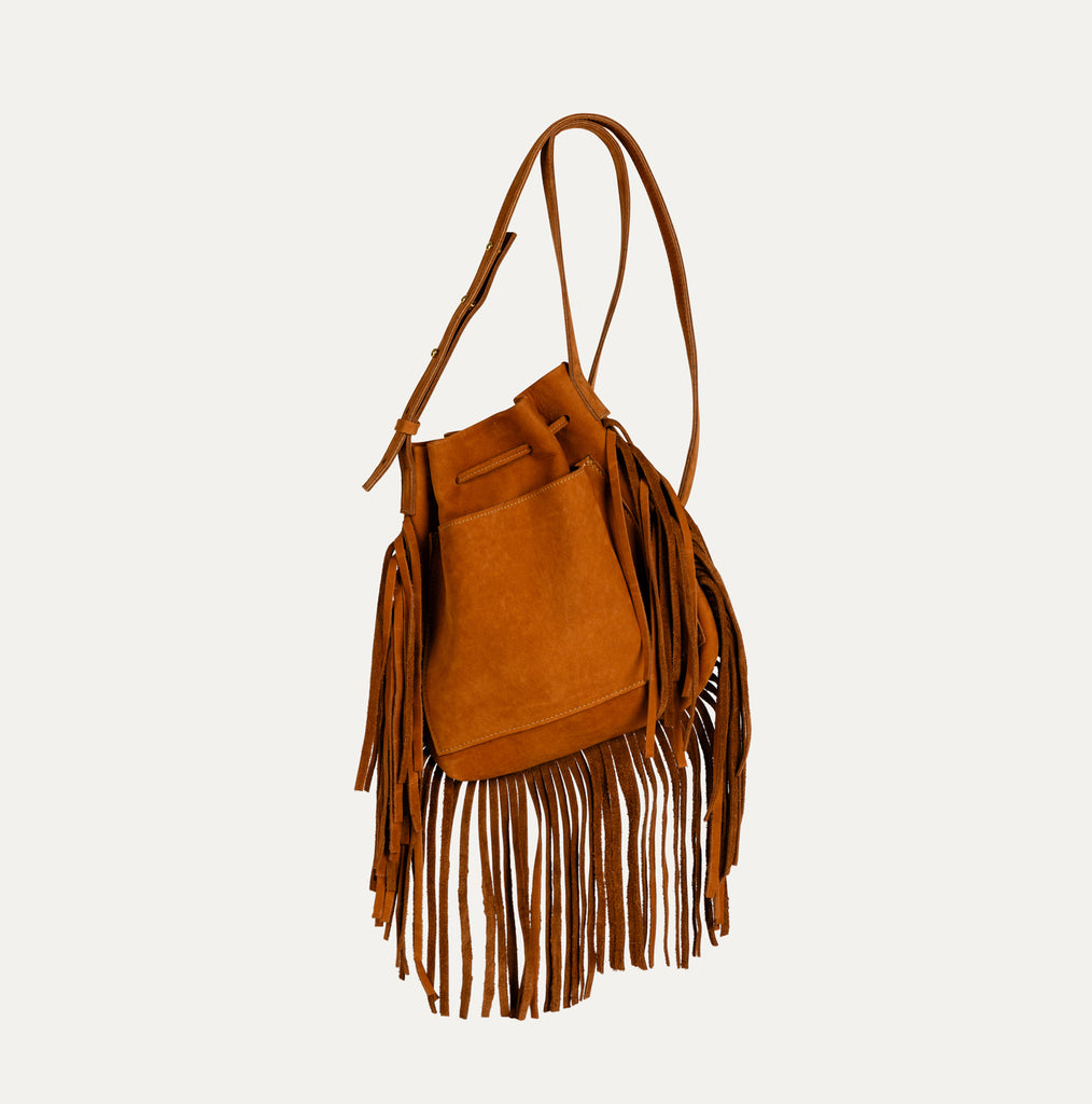 Mini Crossbody Tote with Fringe (3 Sided) | Cognac Suede Leather - PaulyJen