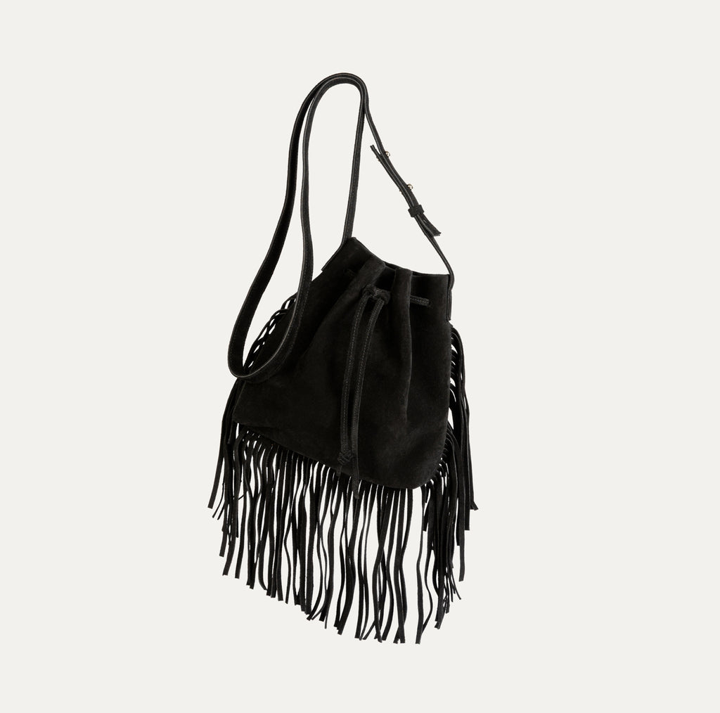 Mini Crossbody Tote with Fringe (3 Sided) | Black Suede Leather - PaulyJen