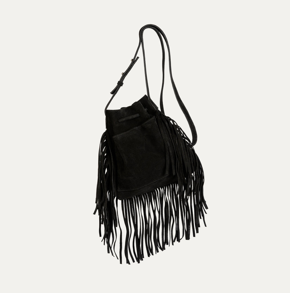 Mini Crossbody Tote with Fringe (3 Sided) | Black Suede Leather - PaulyJen
