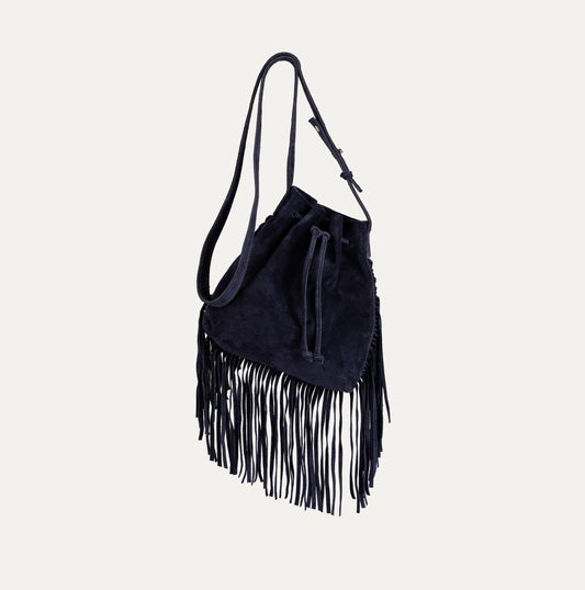 Mini Crossbody Tote with Fringe (3 Sided) | Navy Suede Leather - PaulyJen