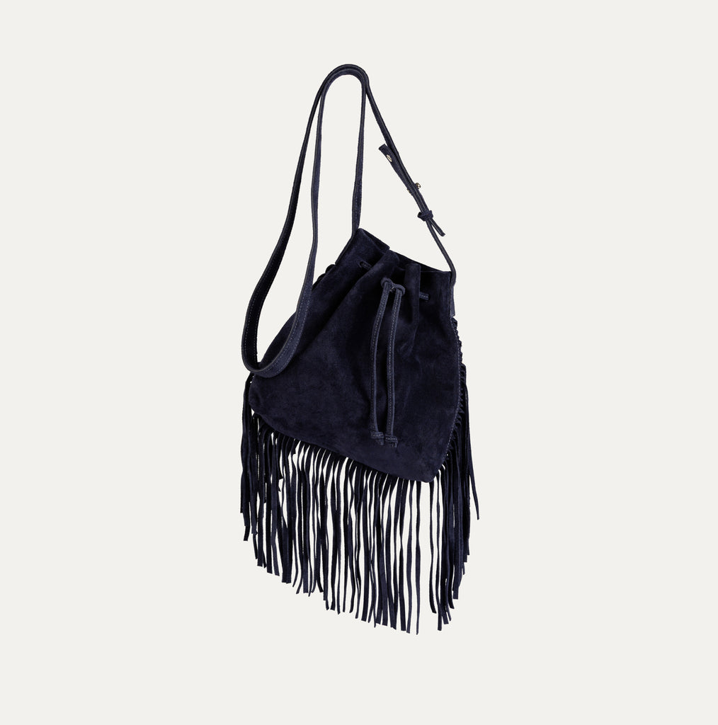 Mini Crossbody Tote with Fringe (3 Sided) | Navy Suede Leather - PaulyJen