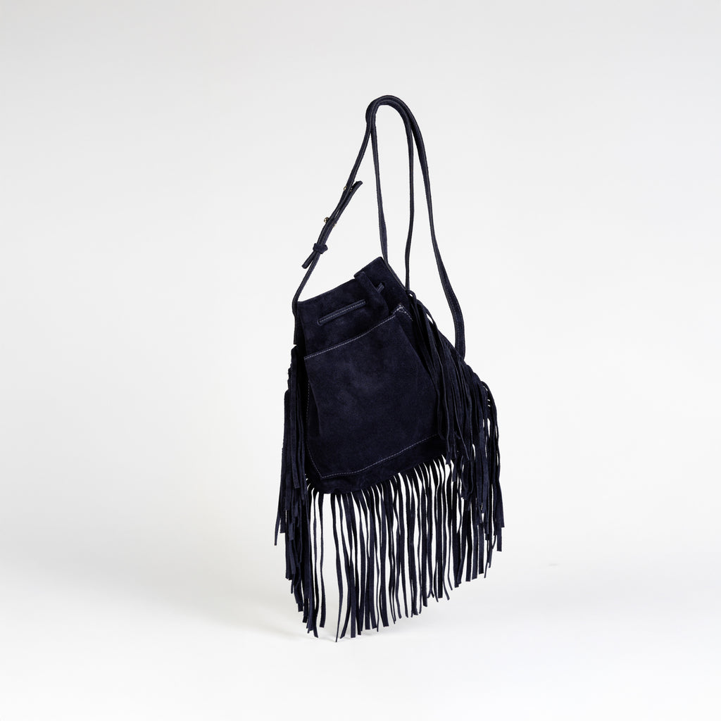 Mini Crossbody Tote with Fringe (3 Sided) | Navy Suede Leather - PaulyJen