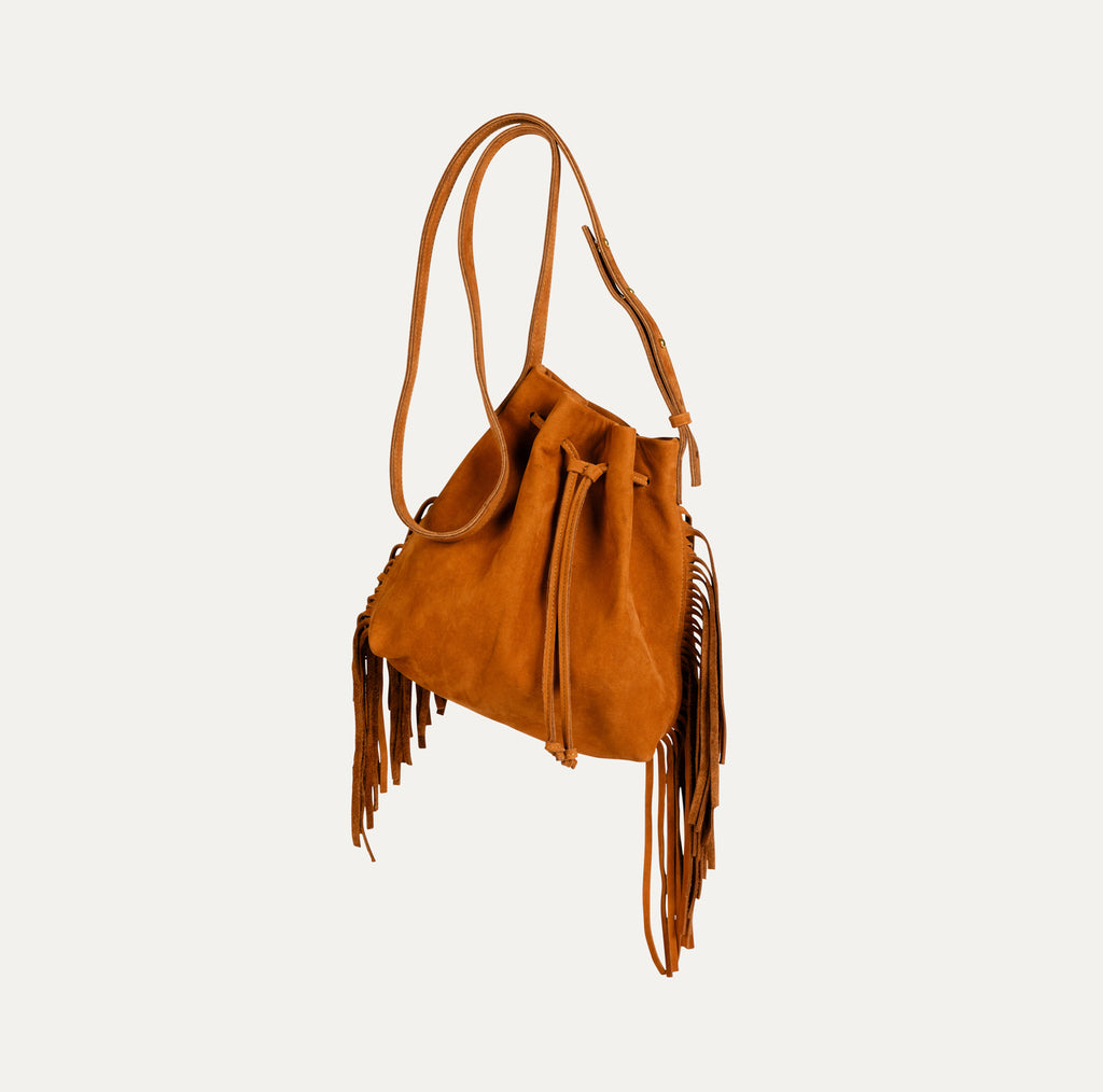 Mini Crossbody Tote with Fringe (2 Sided) | Cognac Suede Leather - PaulyJen
