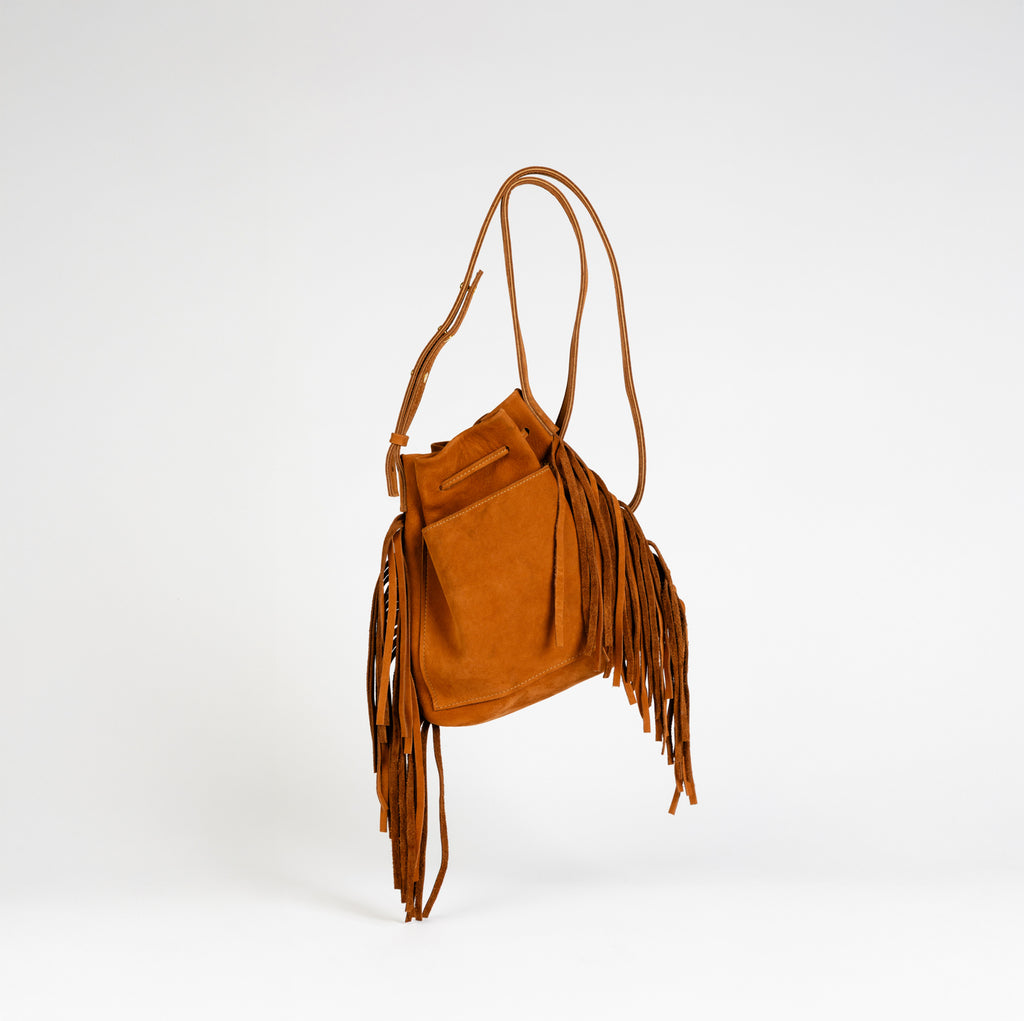 Mini Crossbody Tote with Fringe (2 Sided) | Cognac Suede Leather - PaulyJen