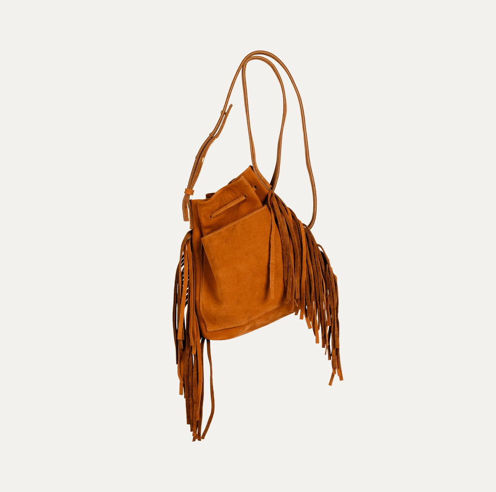 Mini Crossbody Tote with Fringe (2 Sided) | Cognac Suede Leather - PaulyJen