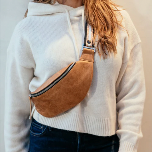 Fanny Pack + Crossbody Bag | Distressed Cognac Leather + Silver Hardware - PaulyJen