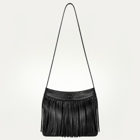 A black leather shoulder bag with a long fringe bottom and a thin shoulder strap, shown against a plain off-white background.
