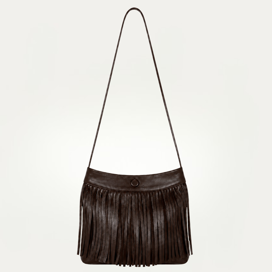 Crossbody Tote with Fringe On Front | Brown Leather