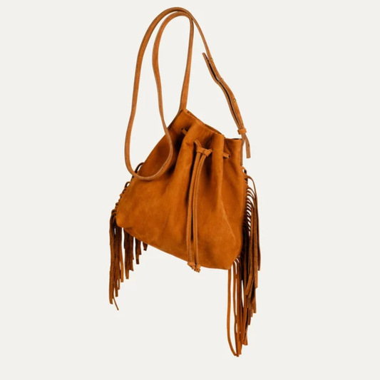 Mini Crossbody Tote with Fringe (2 Sided) | Cognac Suede Leather