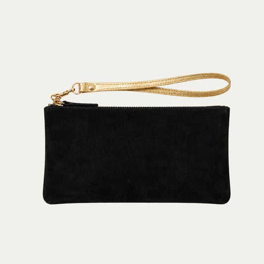 Pauly Phone Pouch with Strap | Black Suede + Gold Hardware