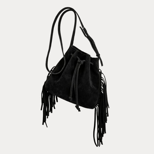 Mini Crossbody Tote with Fringe (2 Sided) | Black Suede Leather - PaulyJen