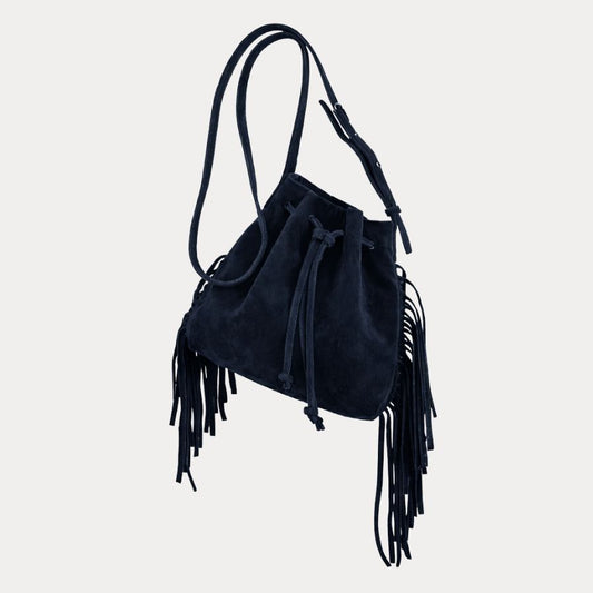 Mini Crossbody Tote with Fringe (2 Sided) | Navy Suede Leather - PaulyJen