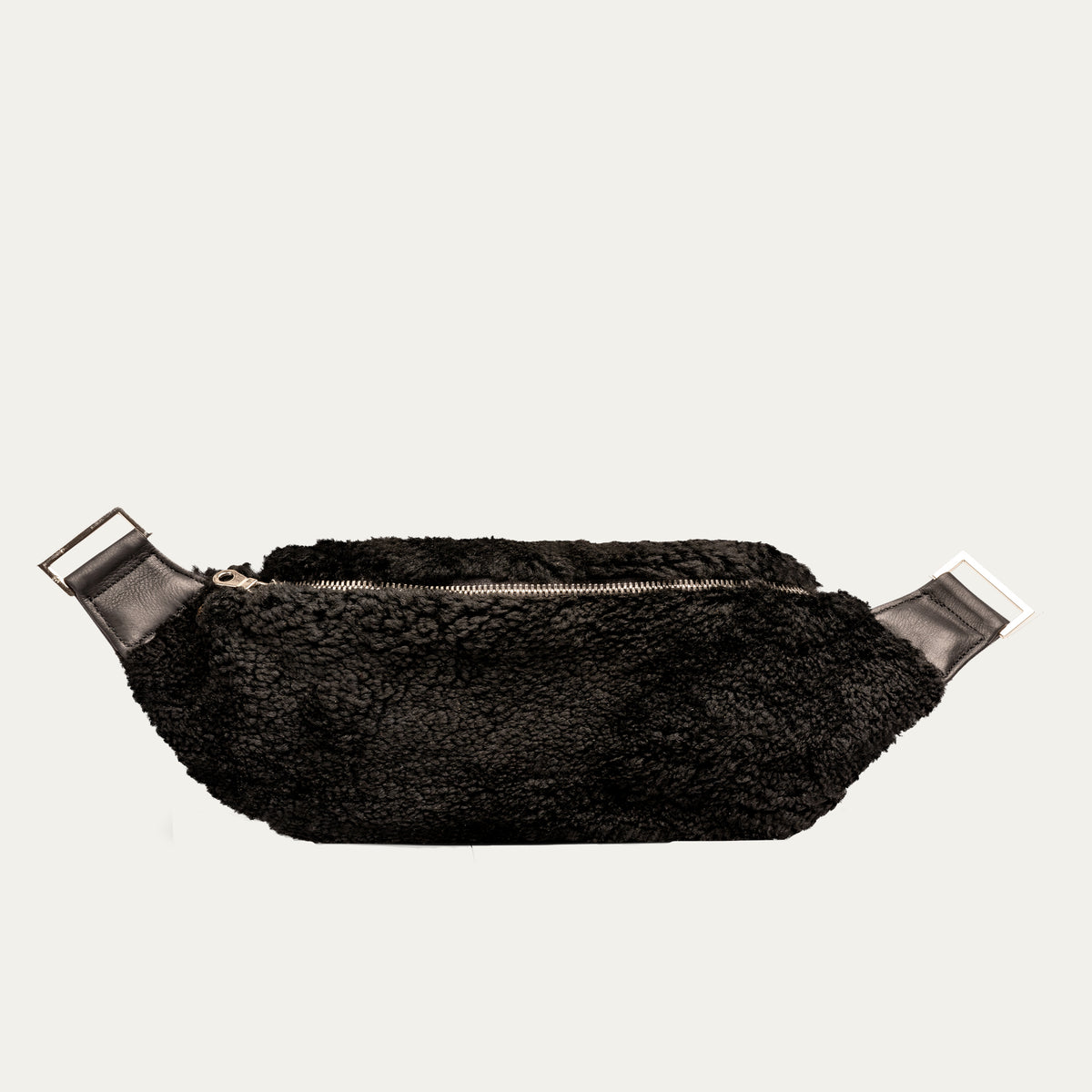 Black Shearling & Black Leather with Silver Zipper Crossbody/Fanny Pack - PaulyJen