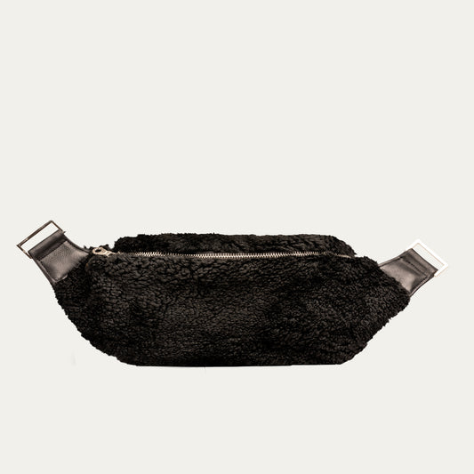 Black Shearling & Black Leather with Silver Zipper Crossbody/Fanny Pack - PaulyJen