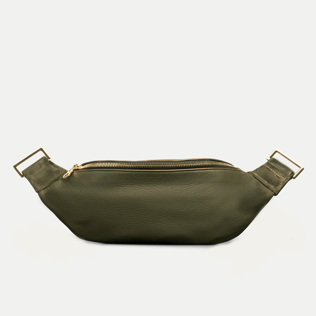 Olive Green Distressed Leather with Gold Hardware Crossbody and Fanny Pack