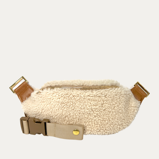 Bone Shearling & Cognac Leather with Gold Zipper Crossbody/Fanny Pack - PaulyJen