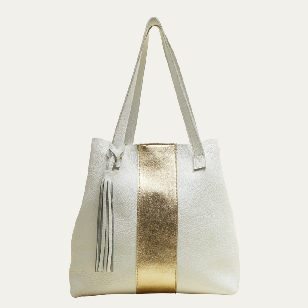 White Leather with Gold Metallic Stripe/The Goldie Tote Bag - PaulyJen