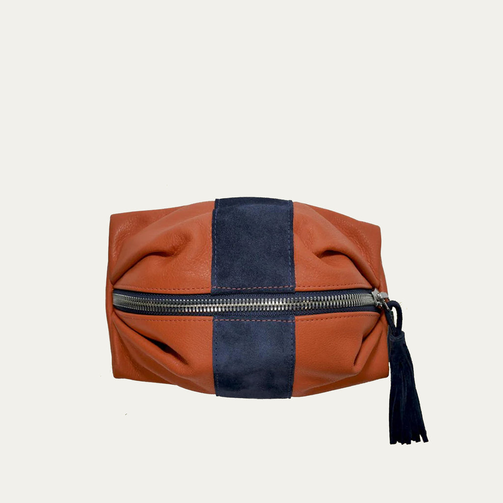 Travel Pouch | Burnt Orange + Blue Suede Stripe "The Reese"