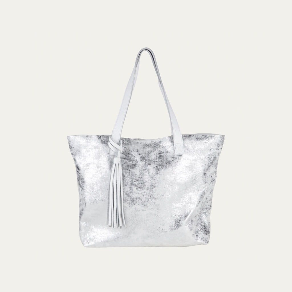 White and Silver Metallic New York Tote Bag- White Strap