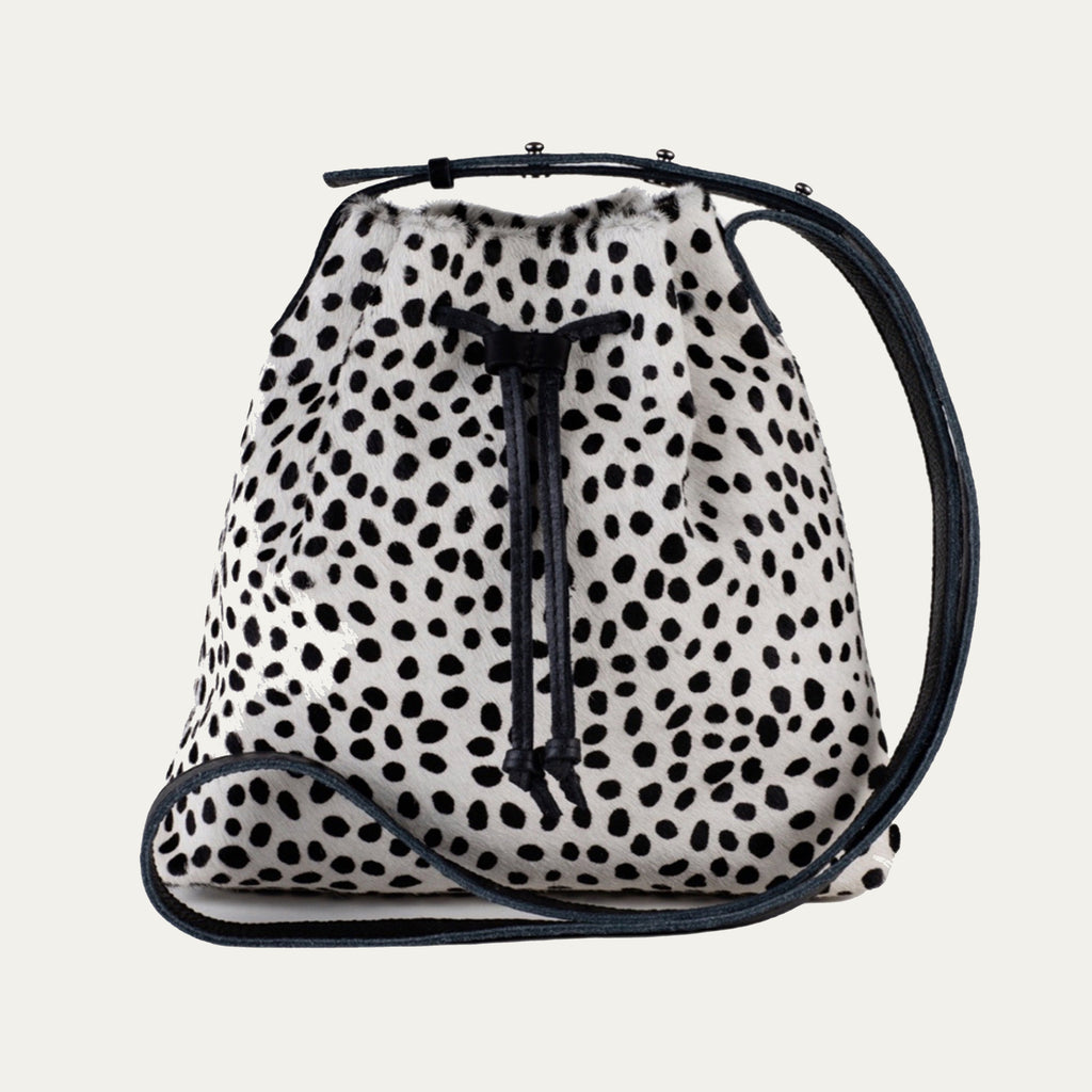 Black and White Cheetah Leather with Silver Hardware Mini Crossbody Tote